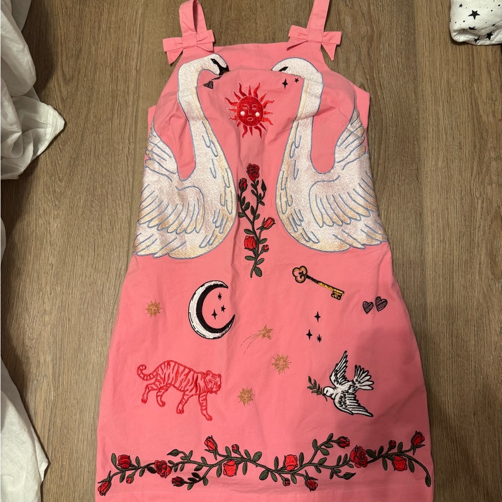 Maeve Pink Embroidered Mini Dress with Swan & Floral Motifs